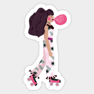 Girl chewing gum on roller skates Sticker